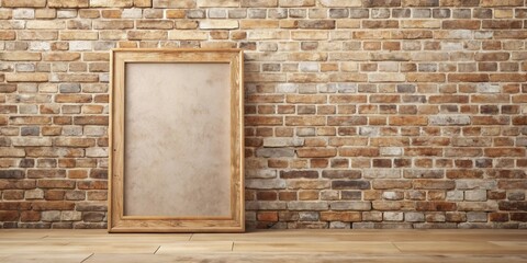Poster - Rustic Wooden Frame Against a Weathered Brick Wall, Ideal for Mockups and Design Projects