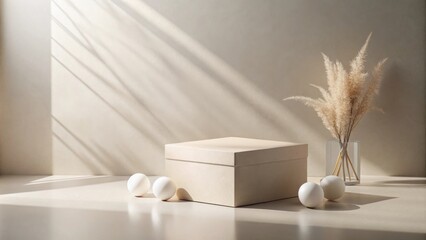 Aufkleber - Minimalist Beige Product Display with Pampas Grass and Spheres