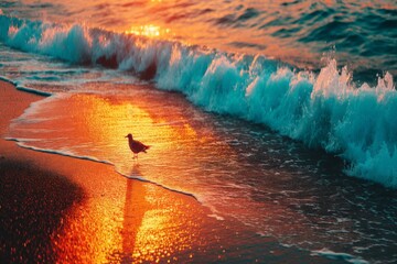 Aufkleber - Seagull walking along the shore at sunset with waves crashing and golden reflections on the wet sand