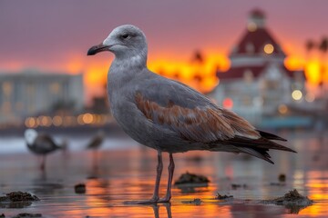 Aufkleber - Seagull stands on wet sand at sunset near coastal resort with vibrant sky