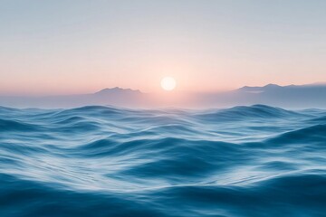Aufkleber - Sunrise over calm ocean waves with distant mountains in soft morning light