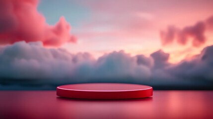 Fototapete - Close-up of a red 3D podium featuring clean lines, illuminated by dreamy lighting with a soft pastel cloud background and blank space for text or graphics