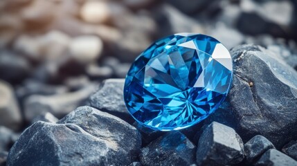 Canvas Print - sparkling blue gemstone rests on dark grey rocks.