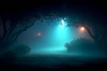 Aufkleber - Mysterious fog envelops a dimly lit pathway in a tranquil park setting at night