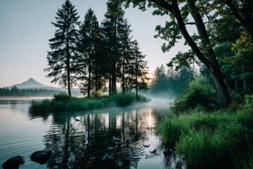 Aufkleber - Morning mist envelops tranquil lake surrounded by trees at sunrise in beautiful natural landscape