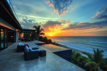 Aufkleber - Sunset over serene ocean waves from a stylish terrace with comfortable seating