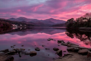 Aufkleber - Stunning sunset over a tranquil lake surrounded by mountains creating a picturesque reflection on the water