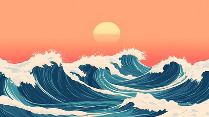 Wall Mural - Ocean Waves Sunset Landscape.