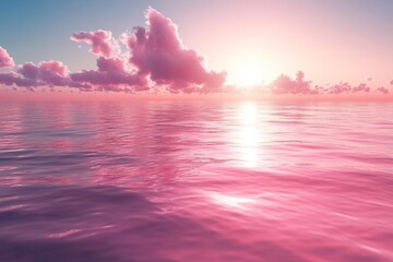 Poster - Vibrant sunset over tranquil ocean reflecting soft pink hues and fluffy clouds on a peaceful evening sky
