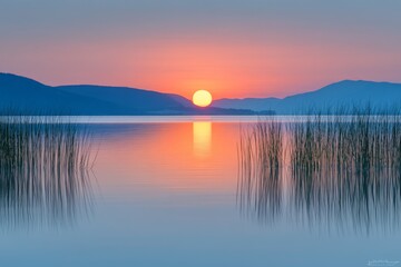 Aufkleber - Stunning sunset over tranquil lake with misty mountains and tall reeds reflecting on the water surface