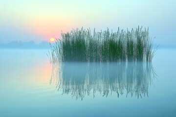 Aufkleber - Serene sunrise over a calm lake with lush reeds reflecting on the water's surface