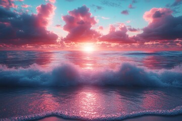 Poster - Stunning sunset over the ocean with vibrant colors and waves near the shore during golden hour