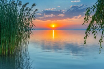 Aufkleber - Beautiful sunset over calm waters with reeds along the shore in a tranquil natural setting
