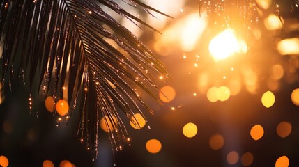 Poster - Coconut palm tree branch decorated with shimmering tinsel and silver ornaments, creating a festive and tropical atmosphere during the holiday season