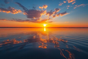 Poster - Breathtaking sunset over calm waters reflecting vibrant colors at the lakeside during evening hours