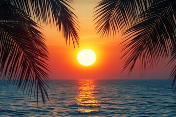 Aufkleber - Sunset over calm ocean waters framed by palm trees on a warm tropical evening