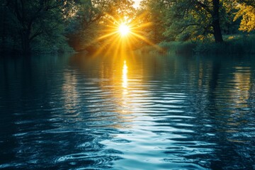 Aufkleber - Golden sunset reflects on tranquil water surrounded by green trees in a peaceful natural setting