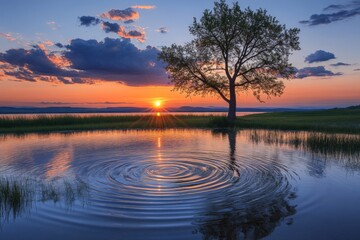 Aufkleber - Sunset reflections with ripples on calm water beside a lone tree in a serene landscape