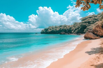 Aufkleber - Serene beach with turquoise waters and lush greenery under a bright sky on a sunny day