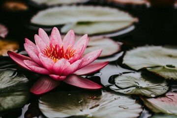 Poster - Beautiful pink water lily blooming on serene pond surface surrounded by green leaves