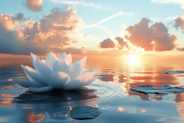 Aufkleber - White lotus flower floats on calm water reflecting a vibrant sunset with clouds