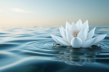 Aufkleber - White lotus flower blossoms on calm water surface at sunset creating a peaceful atmosphere of natural beauty