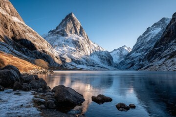 Aufkleber - Majestic mountain landscape reflecting on serene lake at sunrise in a peaceful valley