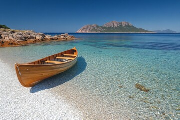 Aufkleber - Serene wooden boat resting on the clear beach near a mountain landscape in bright daylight
