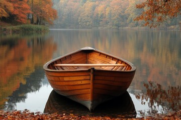 Poster - Calm autumn afternoon on a serene lake with a wooden boat surrounded by colorful foliage