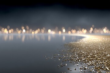 Aufkleber - Glittering shoreline at dusk reflecting soft lights and shimmering sand along a tranquil water surface