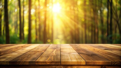 Poster - Rustic Wooden Tabletop Against a Softly Lit Forest Background, Ideal for Product Displays or Nature-Themed Designs