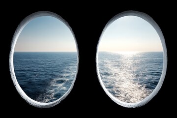 Aufkleber - Views of tranquil ocean waters from cabin portholes during bright sunlight
