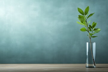 Aufkleber - A single green plant with detailed, fresh leaves stands tall in a transparent glass vase, highlighted by soft lighting that enhances the beauty of nature
