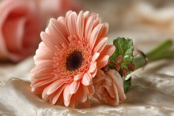 Poster - Beautiful pink gerbera flower arrangement with soft rose on silk fabric background during a serene afternoon