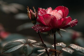 Poster - Red rose blooms after rain in a serene garden, showcasing vibrant petals and glistening droplets under soft natural light