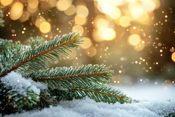 Poster - Winter landscape featuring snow-covered pine branches with sparkling bokeh backdrop in a serene forest setting