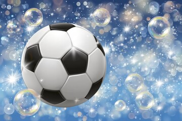 Aufkleber - Soccer ball floating among bubbles and sparkling lights in a dreamy blue background