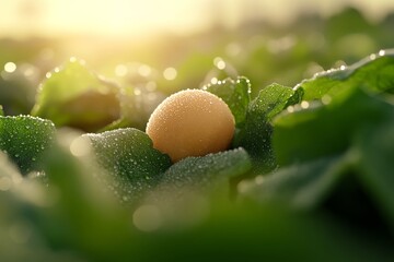 Aufkleber - A single pumpkin rests among lush green vines, illuminated by soft evening light, showcasing dewdrops on the leaves and ample copy space on the right
