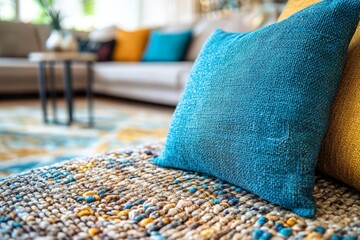 Poster - Cozy living room with colorful cushions and textured rug in a modern home setting