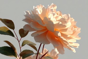 Fototapete - Soft peach flower blossoms against a light background showcasing delicate petals and vibrant green leaves in spring season
