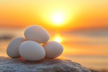 Aufkleber - Eggs arranged on a rock with a vibrant sunrise over the ocean in the background, creating a serene atmosphere at dawn