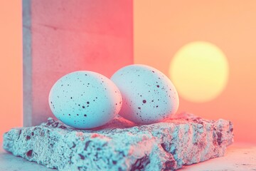 Poster - Colorful speckled eggs resting on a stone surface with a serene sunset background creating a tranquil atmosphere