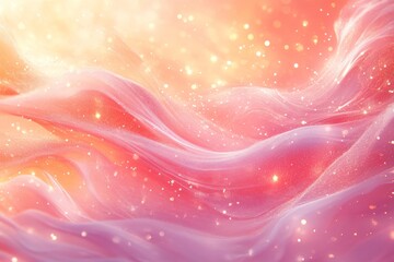 Poster - Soft pink fabric waves illuminated by golden light create an ethereal atmosphere at sunset with shimmering sparkles around