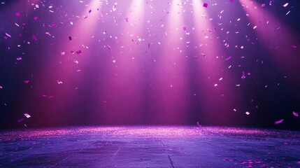 Wall Mural - purple stage with confetti falling under spotlights.