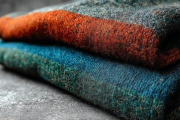 Poster - Textured woolen fabrics showcasing vibrant colors and intricate patterns on a gray surface