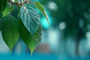 Poster - Fresh green leaves glistening with raindrops in a tranquil outdoor setting after a gentle rainfall in the afternoon