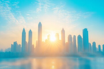 Aufkleber - Sunrise over a modern city skyline reflecting on water with light haze and vibrant colors