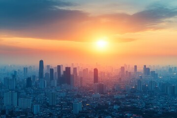 Poster - Vibrant sunset over a bustling city skyline with high-rise buildings and orange skies