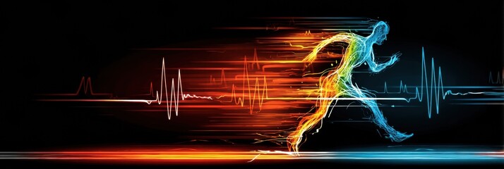 Fototapete - Healthy Pulse Shapes Illustrate a Running Figure in Motion With Vibrant Energy Lines, Highlighting Athleticism and Vitality