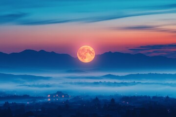 Poster - Orange full moon rises above mountains at dusk, casting a tranquil glow over the misty landscape